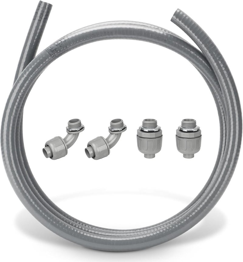 HOXHA 1/2 Inch 10 Ft Electrical Conduit Kit AC Whip Kit Flexible PVC Non Metallic Liquid Tight Conduit, Electrical Wire Conduit Pipe with Straight and 90-Degree Conduit Connector Fittings - Image 1